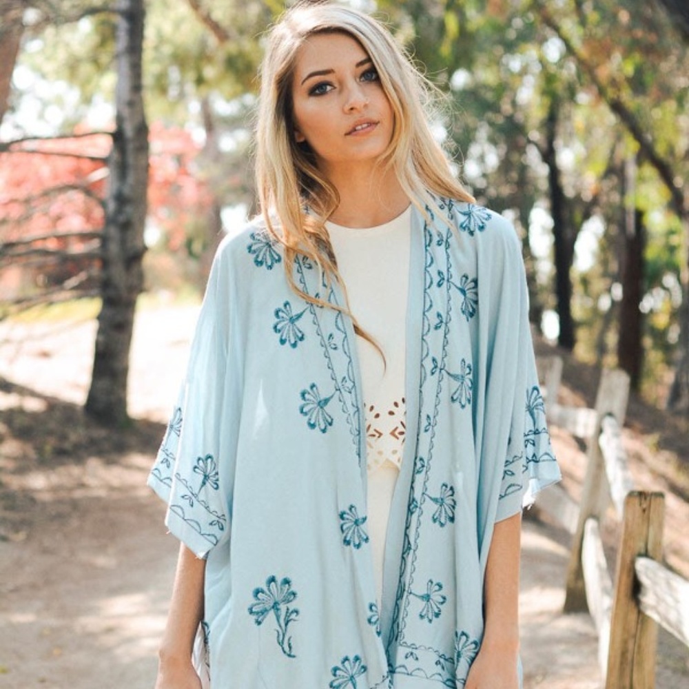 Bohemian Embroidered BLUE Lace Floral Kimono OS